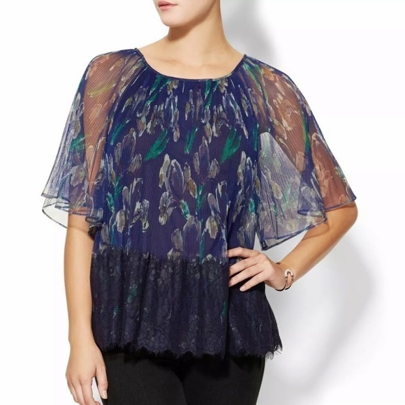Marchesa Voyage Pleated & Lace Blue Top Size 0 - Picture 1 of 8
